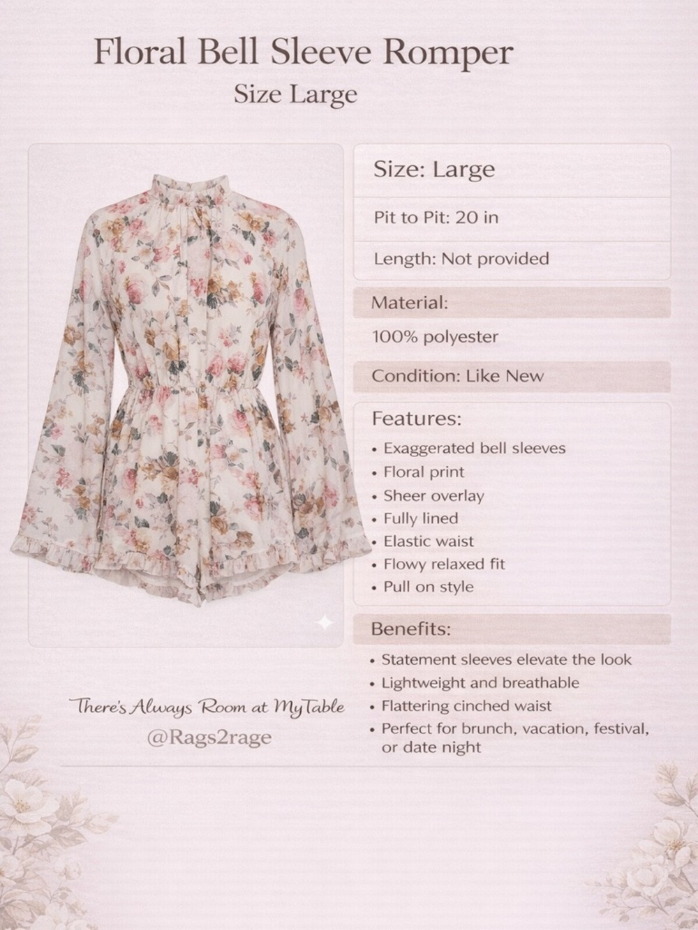 Floral Boho Bell Sleeve Romper Large Sheer Lined Festival